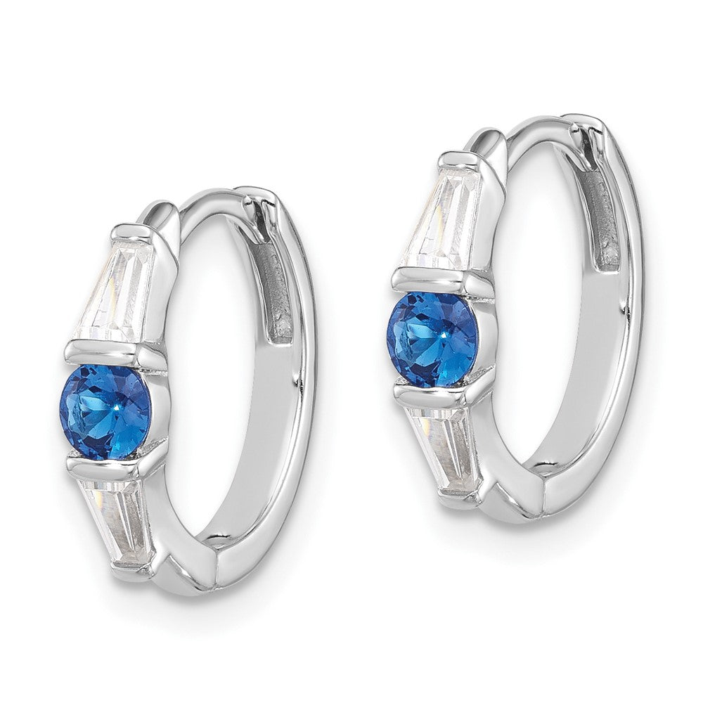 Sterling Silver Rhodium-Plated Blue Spinel and CZ Hinged Hoop Earrings
