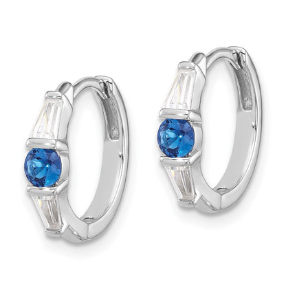 Sterling Silver Rhodium-Plated Blue Spinel and CZ Hinged Hoop Earrings