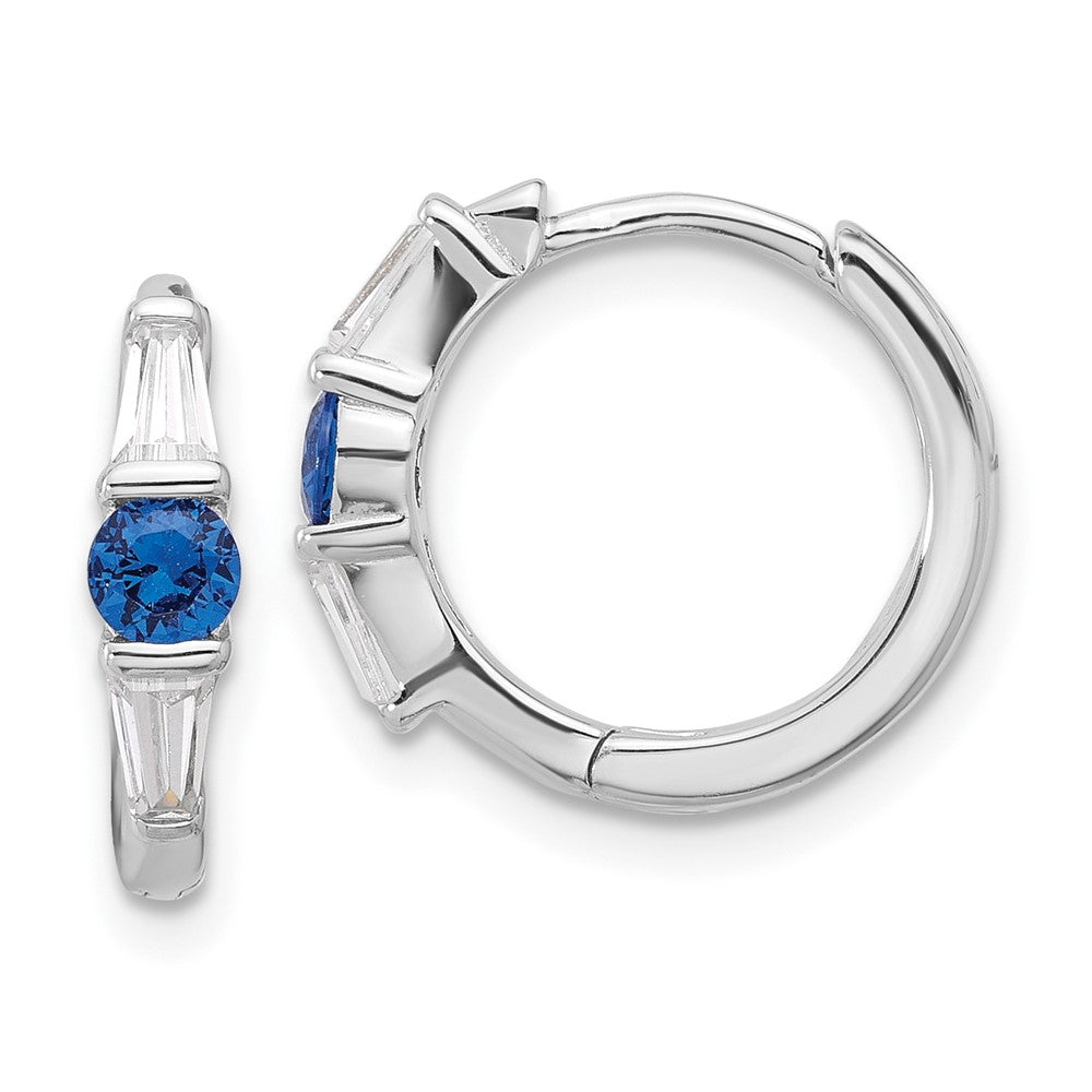 Sterling Silver Rhodium-Plated Blue Spinel and CZ Hinged Hoop Earrings