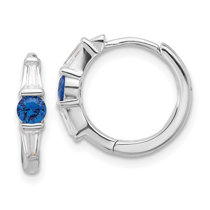 Sterling Silver Rhodium-Plated Blue Spinel and CZ Hinged Hoop Earrings