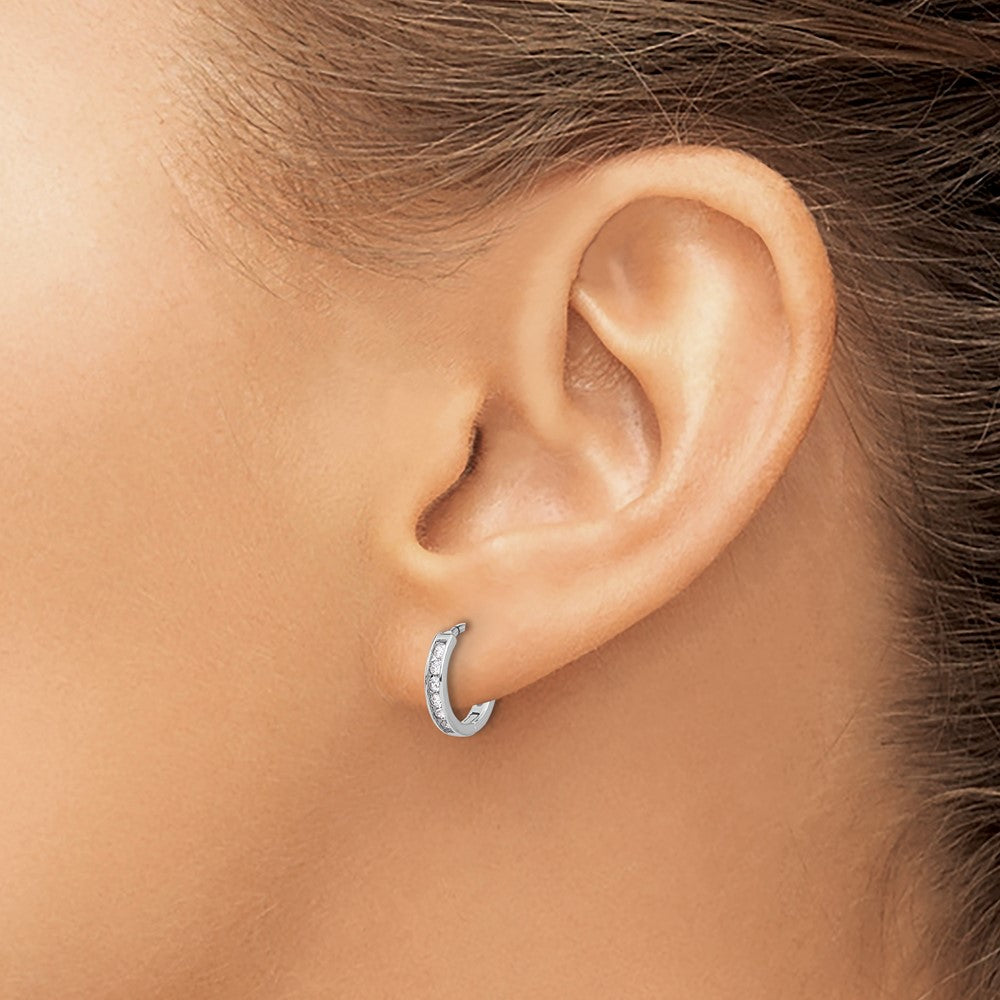 Sterling Silver Rhodium-Plated 2mm CZ Hinged Hoop Earrings