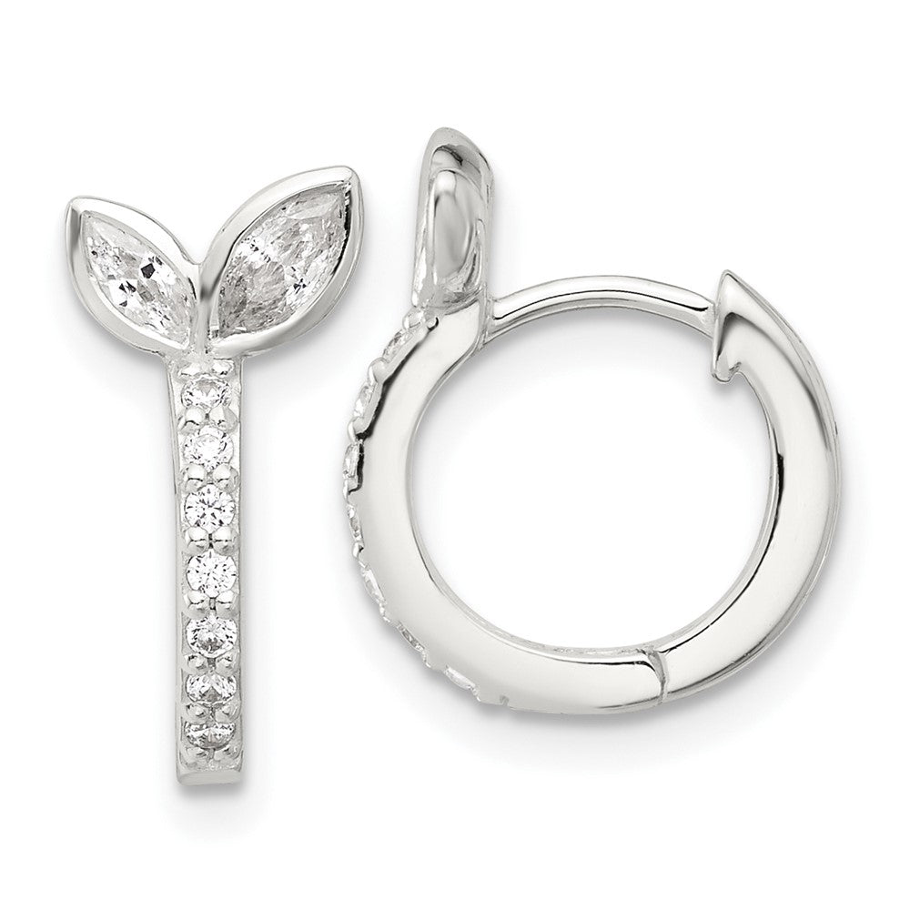 Sterling Silver E-Coated CZ Leaf Hinged Hoop Earrings