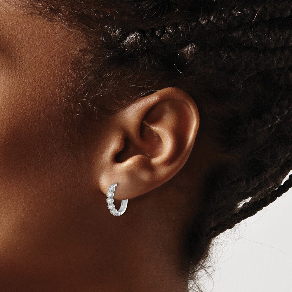 Sterling Silver Rhodium-Plated Polished CZ Hinged Huggie Hoop Earrings