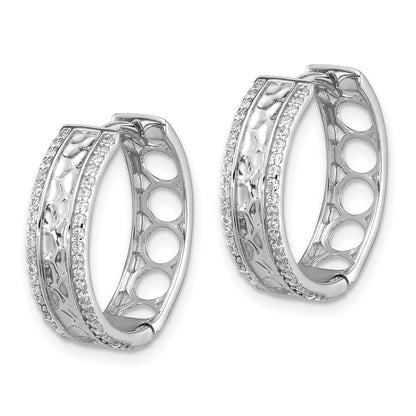 Sterling Silver Rhodium-Plated Hammered Center CZ 5.5mm Hoop Earrings