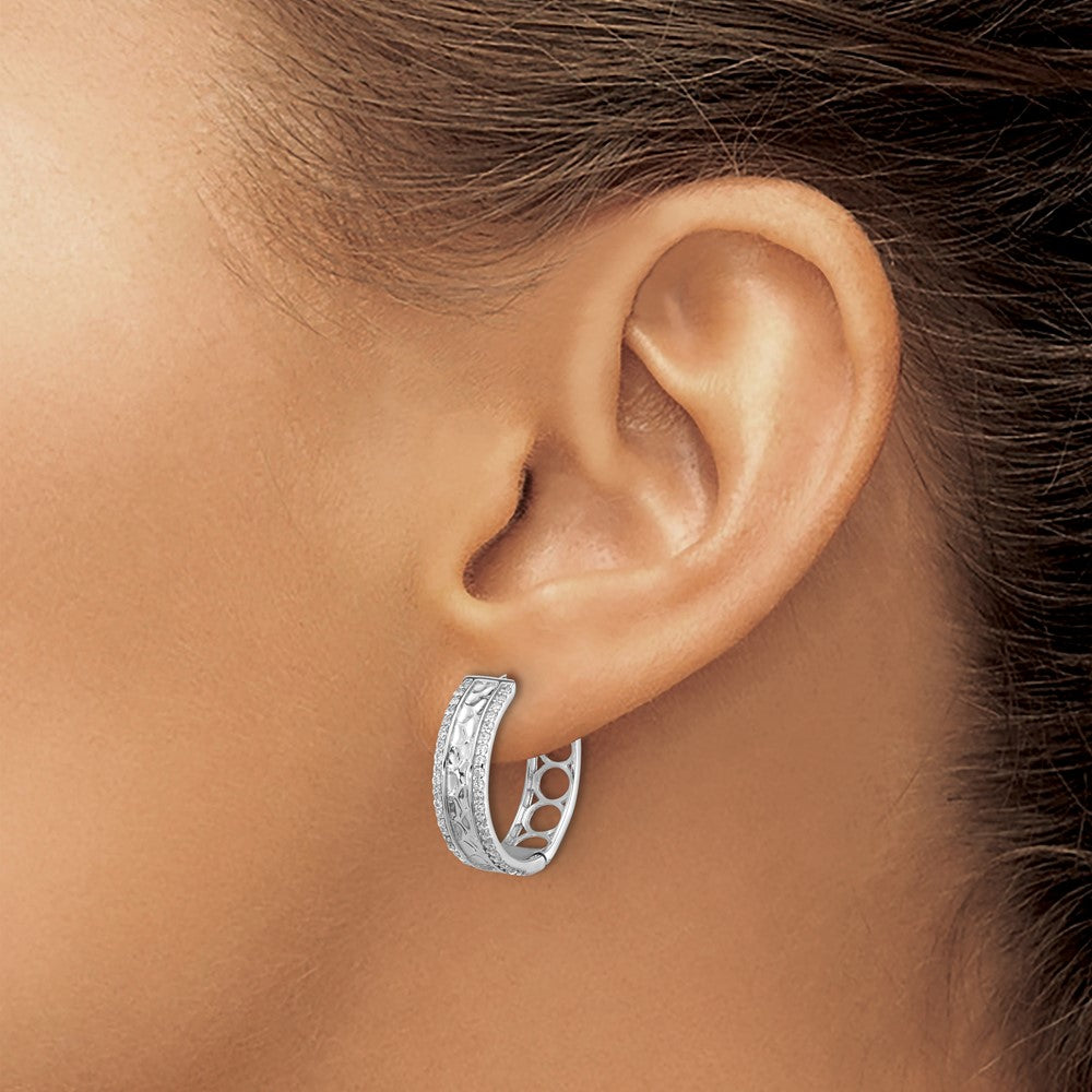 Sterling Silver Rhodium-Plated Hammered Center CZ 5.5mm Hoop Earrings