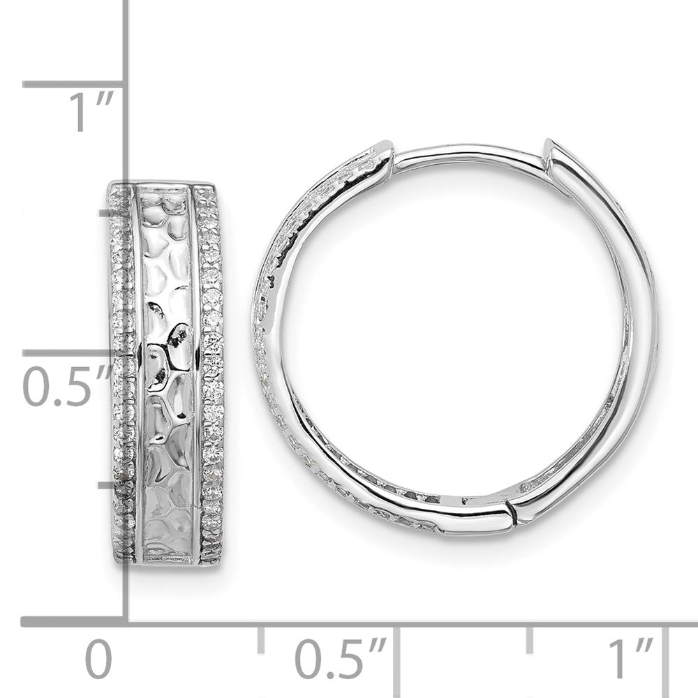 Sterling Silver Rhodium-Plated Hammered Center CZ 5.5mm Hoop Earrings