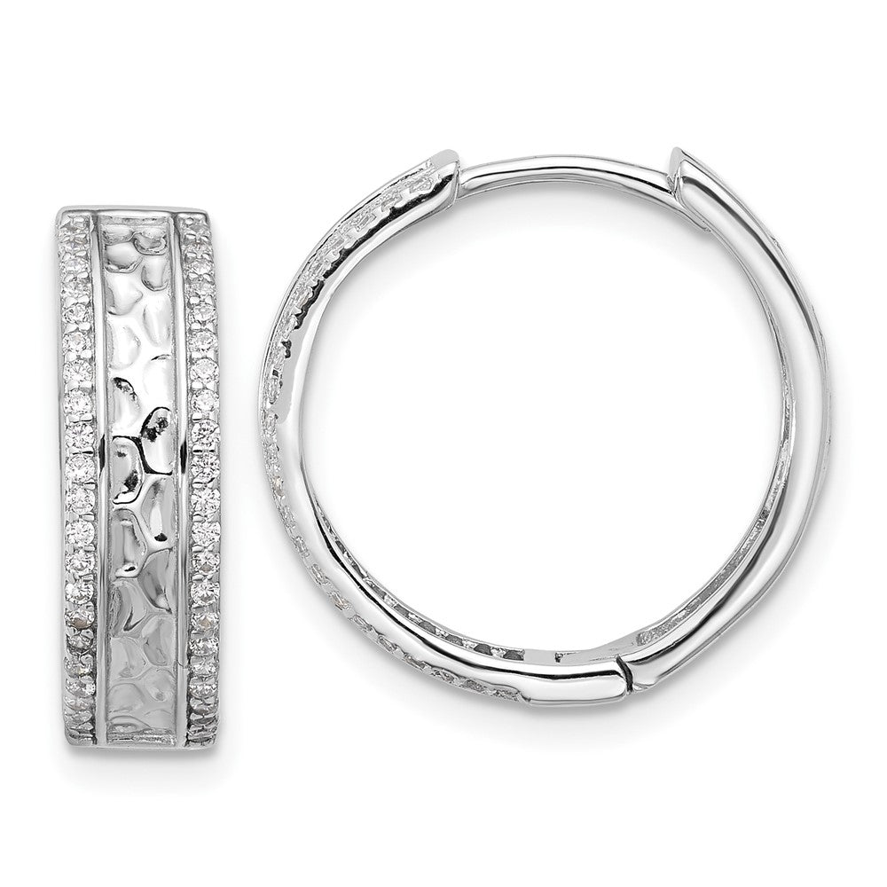 Sterling Silver Rhodium-Plated Hammered Center CZ 5.5mm Hoop Earrings