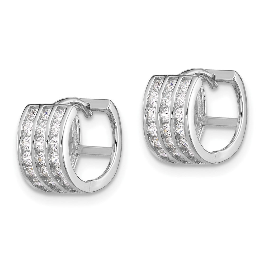 Sterling Silver Rhodium-Plated 3 Row CZ Hinged Hoop Earrings