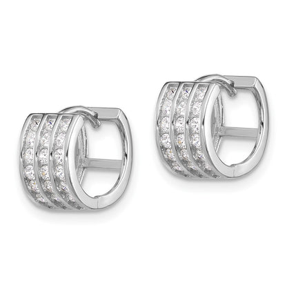 Sterling Silver Rhodium-Plated 3 Row CZ Hinged Hoop Earrings