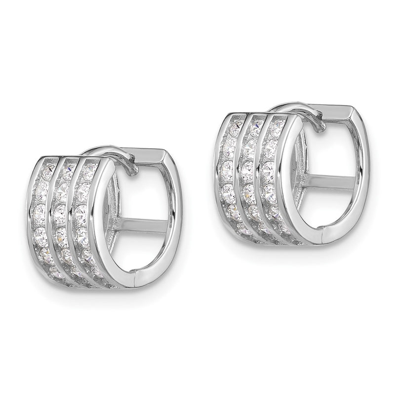 Sterling Silver Rhodium-Plated 3 Row CZ Hinged Hoop Earrings