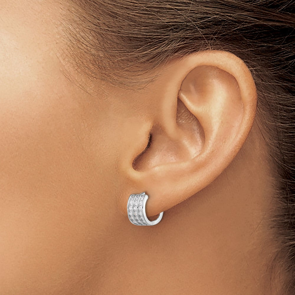 Sterling Silver Rhodium-Plated 3 Row CZ Hinged Hoop Earrings
