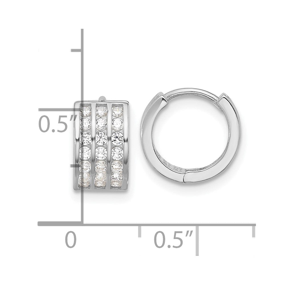 Sterling Silver Rhodium-Plated 3 Row CZ Hinged Hoop Earrings