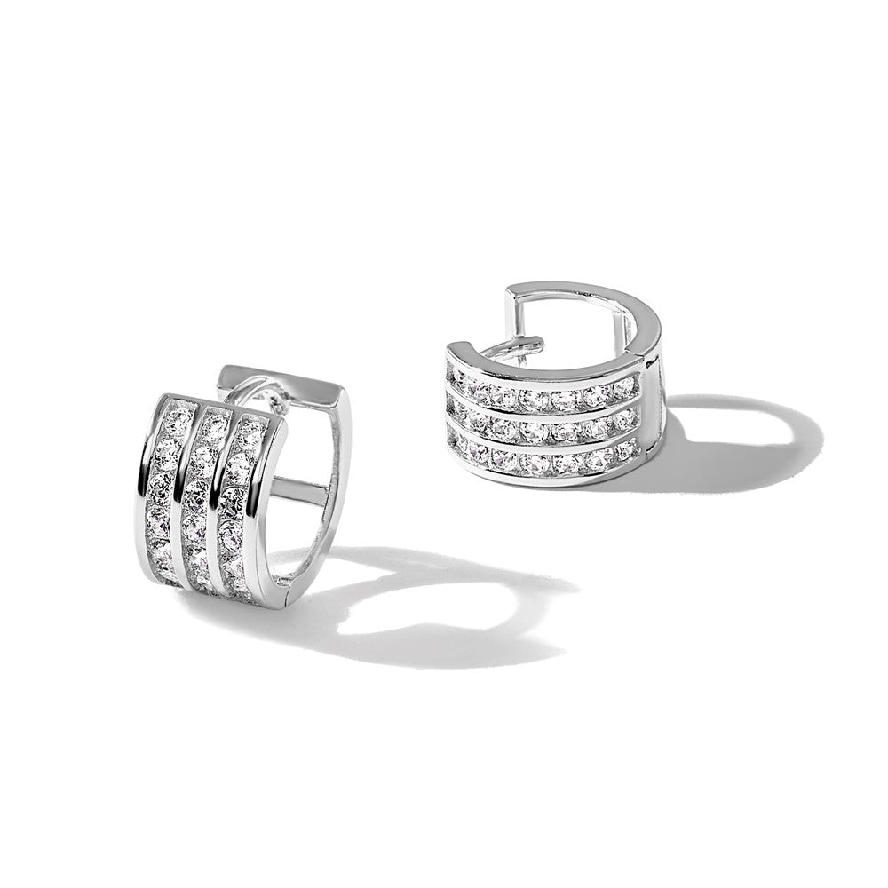 Sterling Silver Rhodium-Plated 3 Row CZ Hinged Hoop Earrings