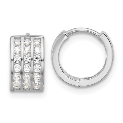 Sterling Silver Rhodium-Plated 3 Row CZ Hinged Hoop Earrings