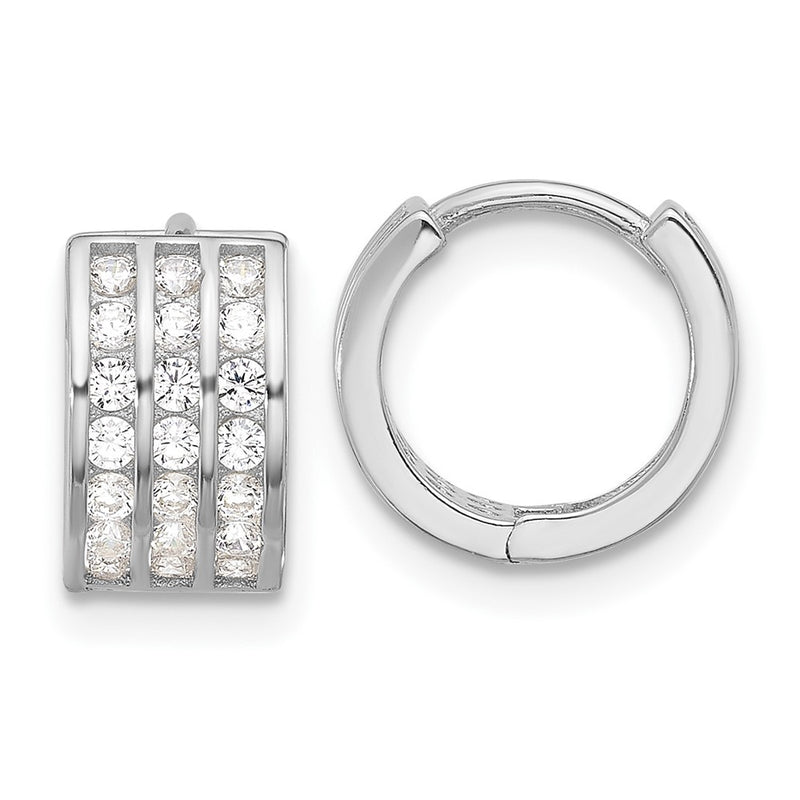 Sterling Silver Rhodium-Plated 3 Row CZ Hinged Hoop Earrings