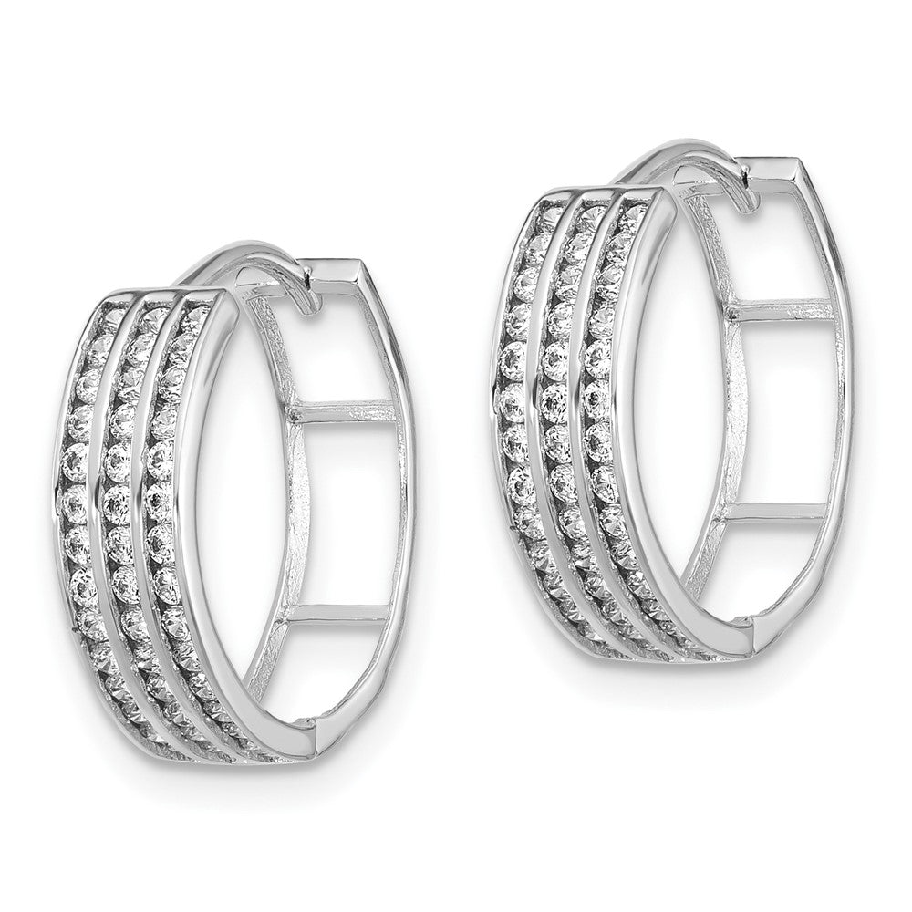 Sterling Silver Rhodium-Plated 3 Row CZ Hinged Hoop Earrings