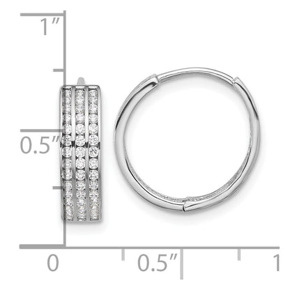 Sterling Silver Rhodium-Plated 3 Row CZ Hinged Hoop Earrings