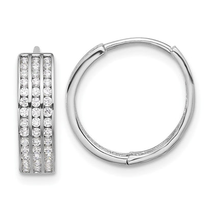 Sterling Silver Rhodium-Plated 3 Row CZ Hinged Hoop Earrings