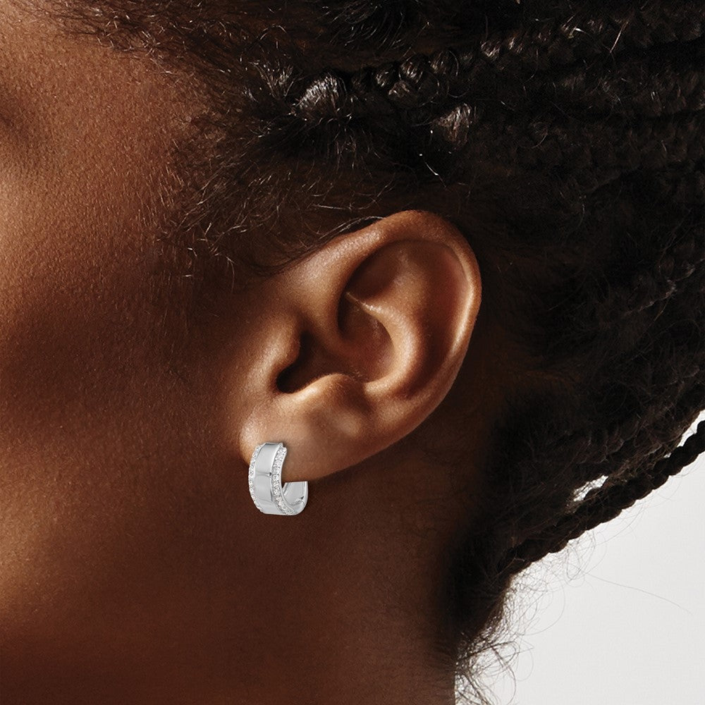 Sterling Silver Rhodium-Plated CZ Edged 6.25mm Hinged Hoop Earrings