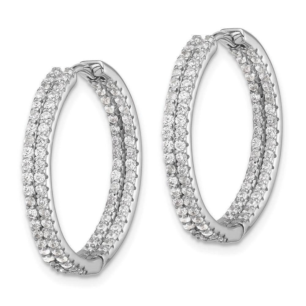 Sterling Silver Rhodium-Plated Double Row CZ in and Out Hoop Earrings