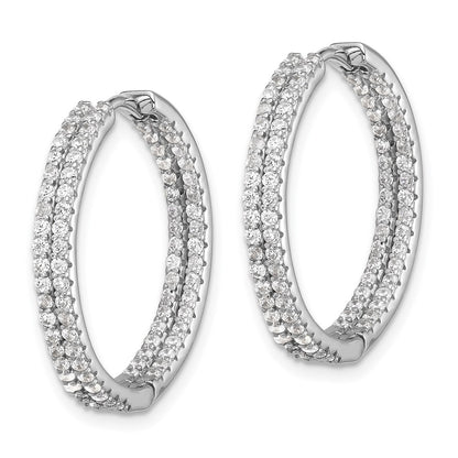 Sterling Silver Rhodium-Plated Double Row CZ in and Out Hoop Earrings