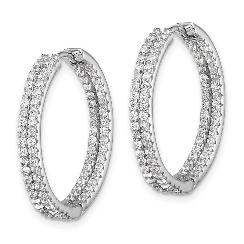 Sterling Silver Rhodium-Plated Double Row CZ in and Out Hoop Earrings