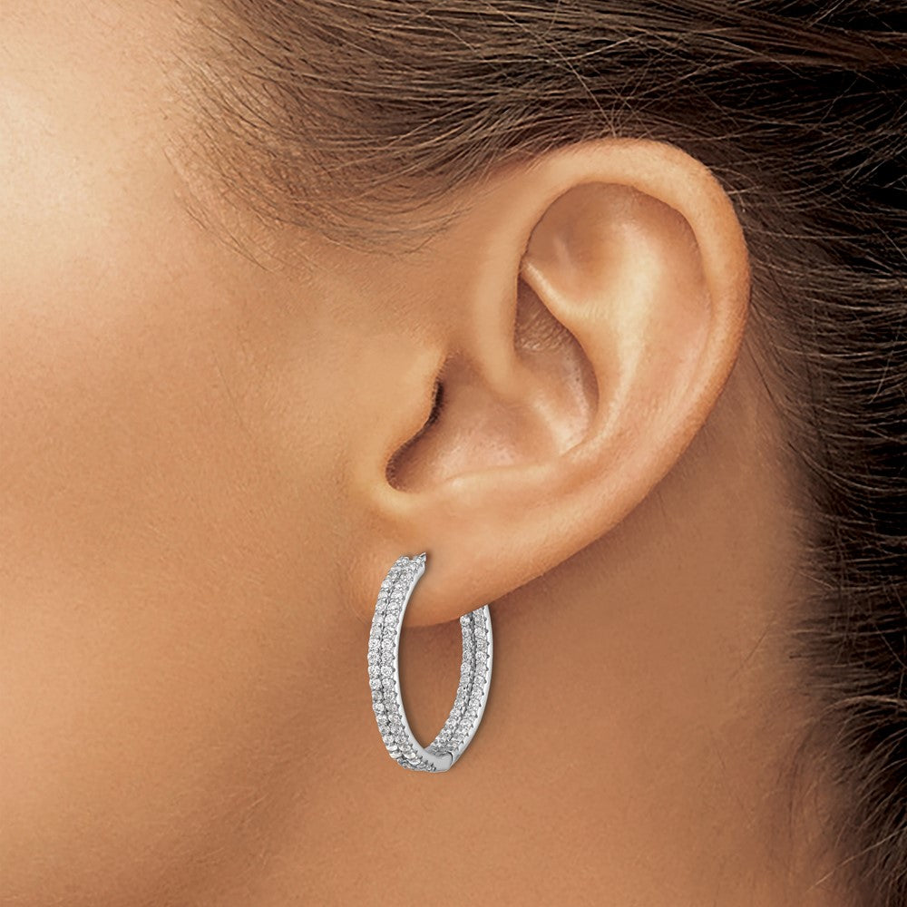 Sterling Silver Rhodium-Plated Double Row CZ in and Out Hoop Earrings