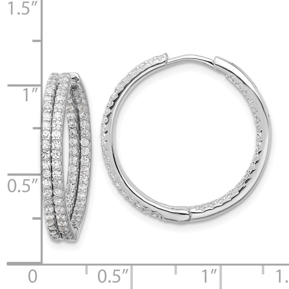 Sterling Silver Rhodium-Plated Double Row CZ in and Out Hoop Earrings