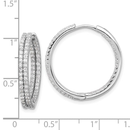 Sterling Silver Rhodium-Plated Double Row CZ in and Out Hoop Earrings