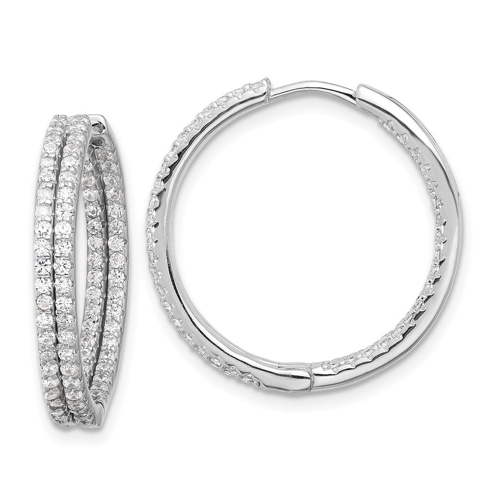 Sterling Silver Rhodium-Plated Double Row CZ in and Out Hoop Earrings