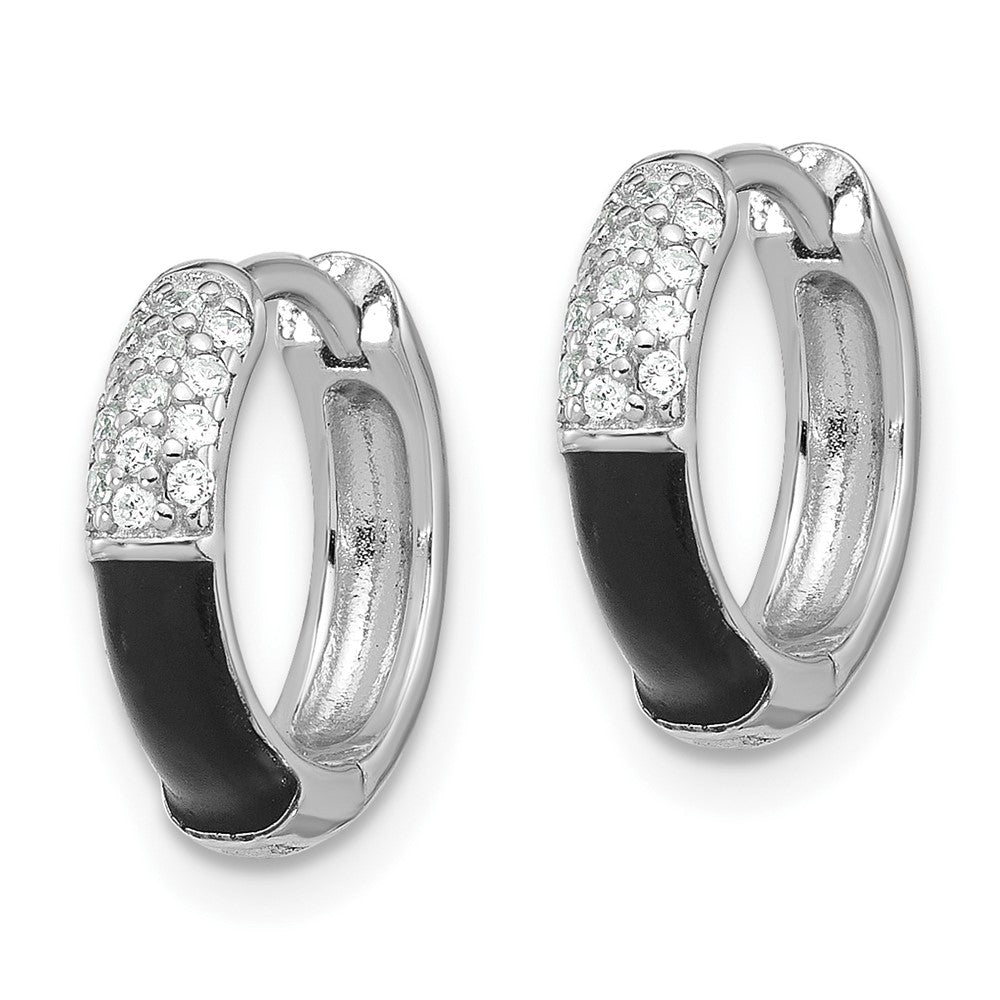 Sterling Silver Flash Platinum-Plated CZ Black Enamel Hoop Earrings