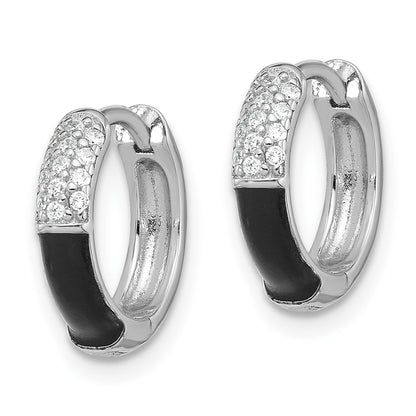 Sterling Silver Flash Platinum-Plated CZ Black Enamel Hoop Earrings