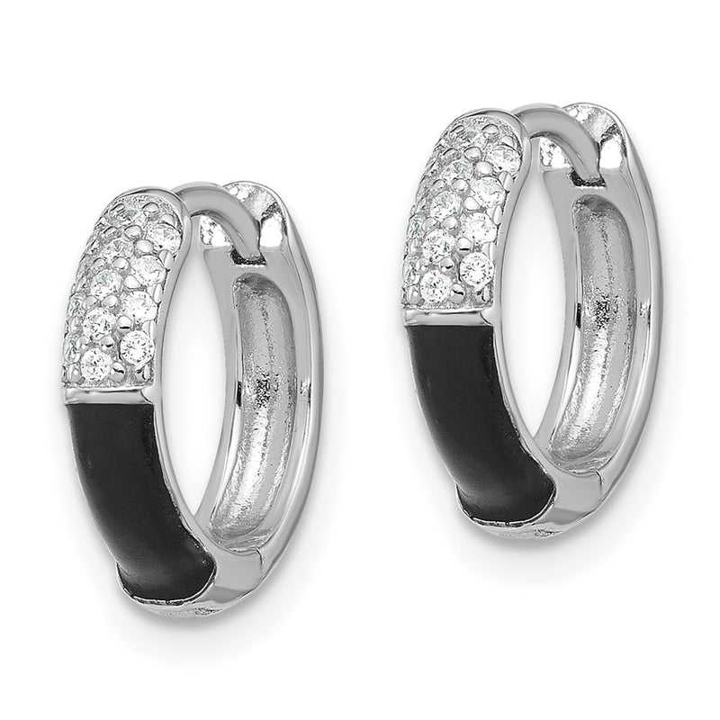 Sterling Silver Flash Platinum-Plated CZ Black Enamel Hoop Earrings