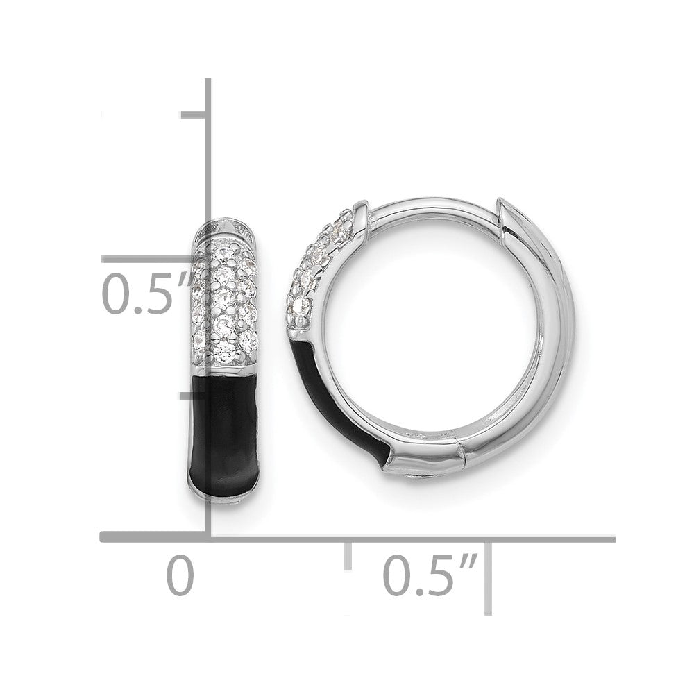 Sterling Silver Flash Platinum-Plated CZ Black Enamel Hoop Earrings