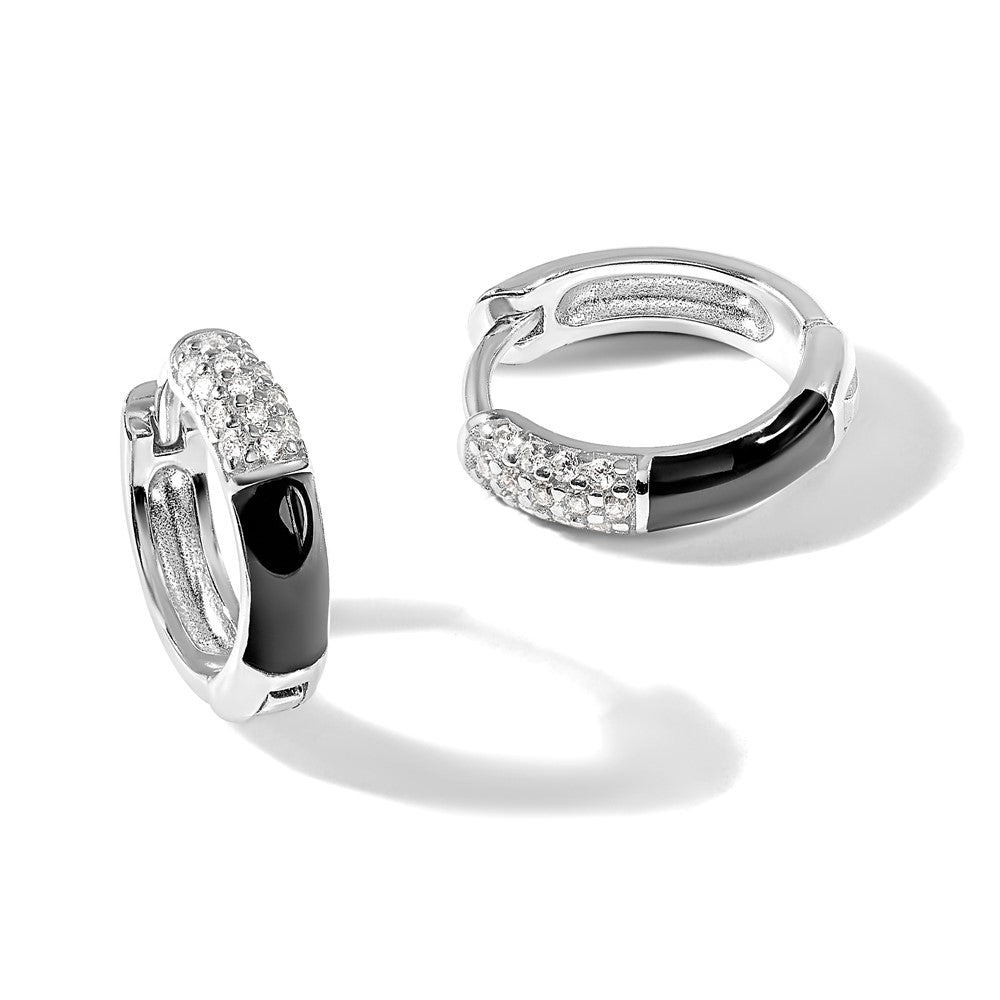 Sterling Silver Flash Platinum-Plated CZ Black Enamel Hoop Earrings