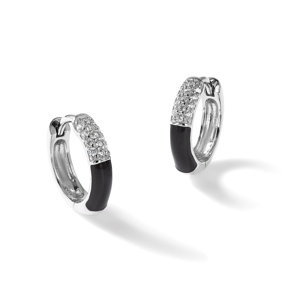 Sterling Silver Flash Platinum-Plated CZ Black Enamel Hoop Earrings