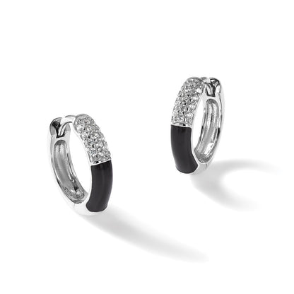 Sterling Silver Flash Platinum-Plated CZ Black Enamel Hoop Earrings