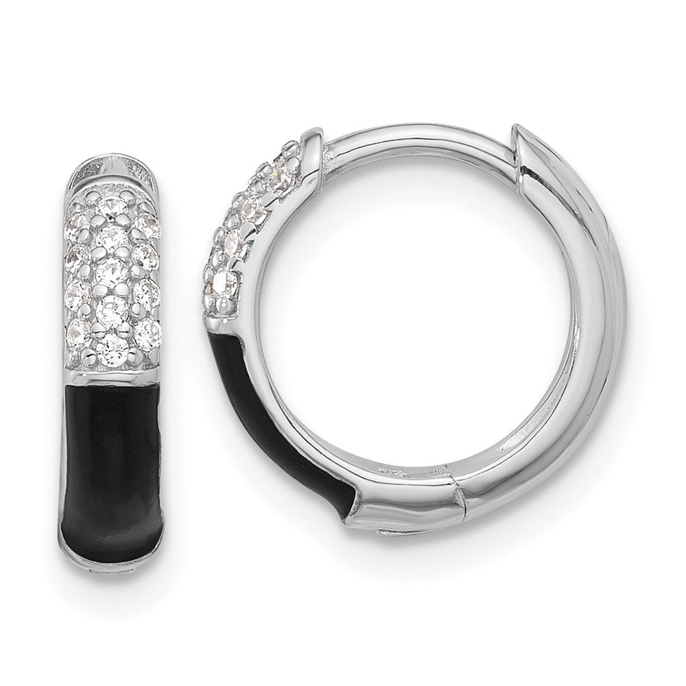 Sterling Silver Flash Platinum-Plated CZ Black Enamel Hoop Earrings