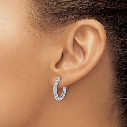 Sterling Silver Rhodium-Plated Micro Pavé CZ 3mm Hinged Hoop Earrings