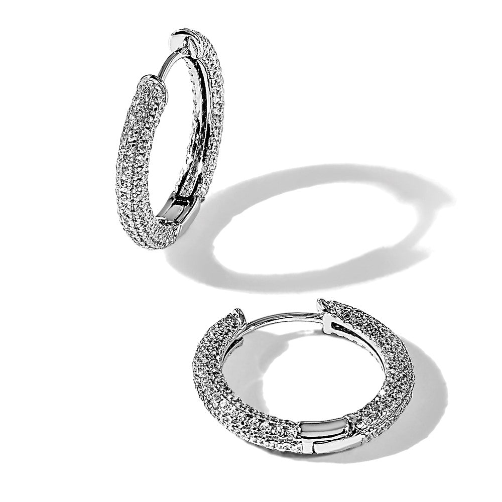 Sterling Silver Rhodium-Plated Micro Pavé CZ 3mm Hinged Hoop Earrings