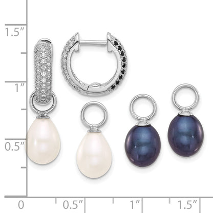 Sterling Silver Rhodium Plated 7-8mm Fwc Pearl/cz Interchangeable Earrings Set