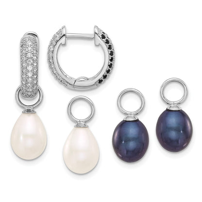 Sterling Silver Rhodium Plated 7-8mm Fwc Pearl/cz Interchangeable Earrings Set