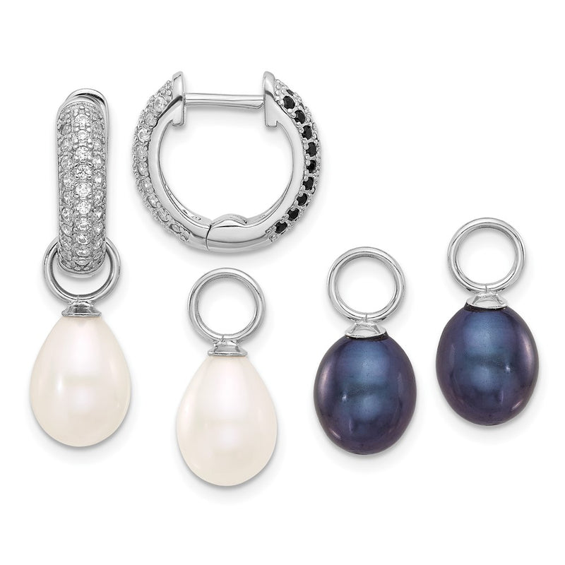 Sterling Silver Rhodium Plated 7-8mm Fwc Pearl/cz Interchangeable Earrings Set