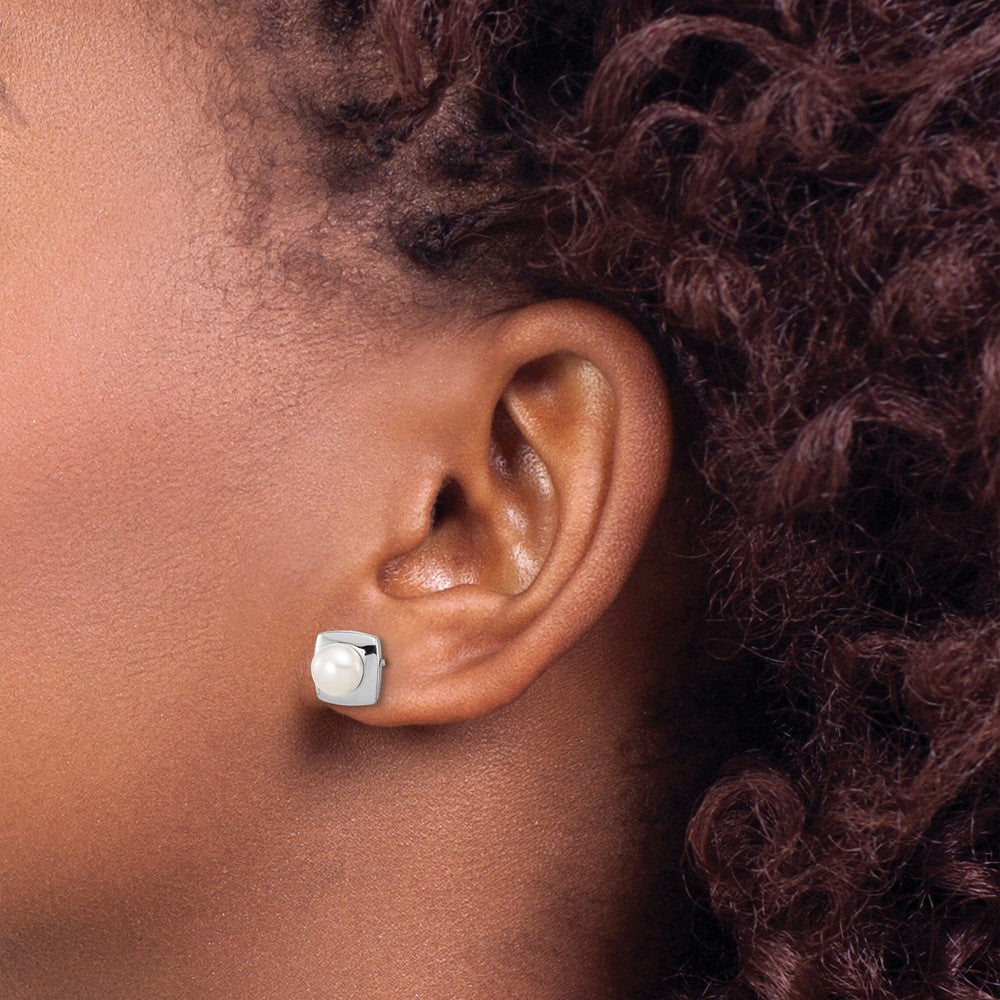 Sterling Silver Rhodium Plated 6-7mm White Fwc Pearl Square Post Earrings