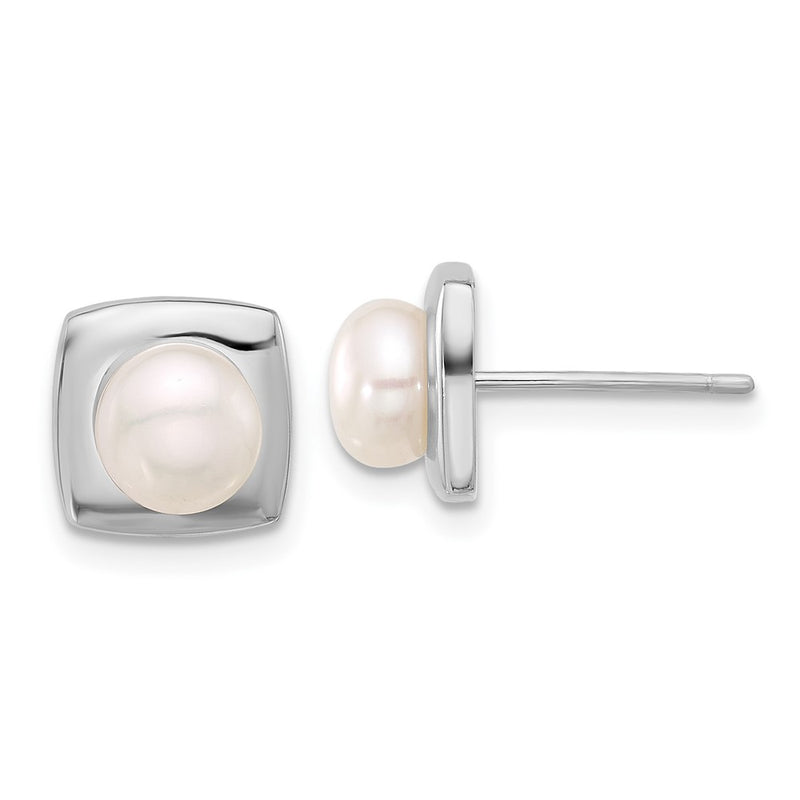 Sterling Silver Rhodium Plated 6-7mm White Fwc Pearl Square Post Earrings