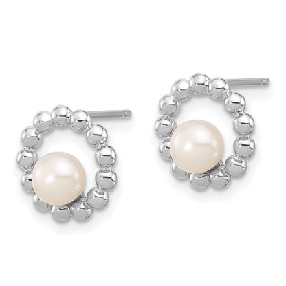 Sterling Silver Rhodium-Plated 5-6mm Button White Fwc Pearl Earrings