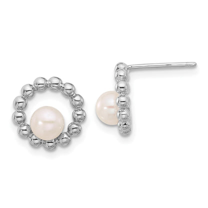 Sterling Silver Rhodium-Plated 5-6mm Button White Fwc Pearl Earrings