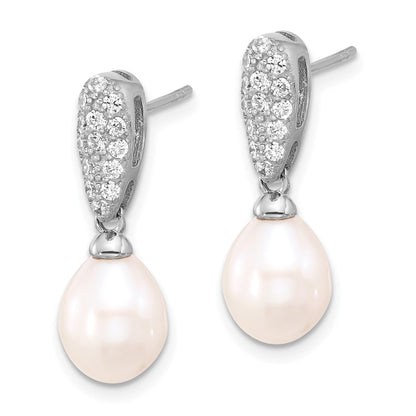 Sterling Silver Rhodium Plated 8-9mm Fwc Pearl and CZ Post Dangle Earrings