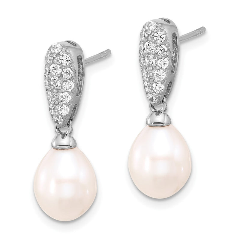 Sterling Silver Rhodium Plated 8-9mm Fwc Pearl and CZ Post Dangle Earrings