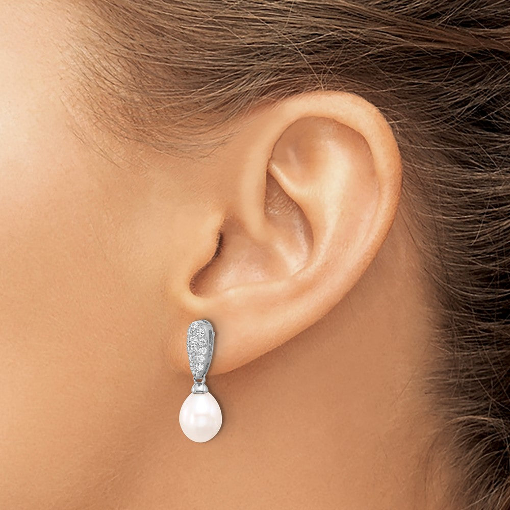 Sterling Silver Rhodium Plated 8-9mm Fwc Pearl and CZ Post Dangle Earrings